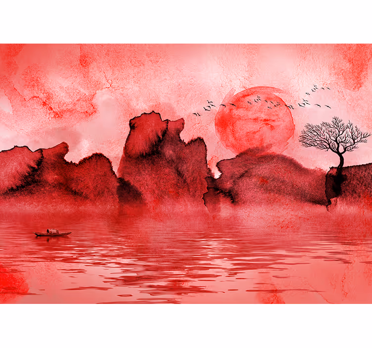 Estore de rolo vermelho paisagem de tinta chinesa - TenStickers