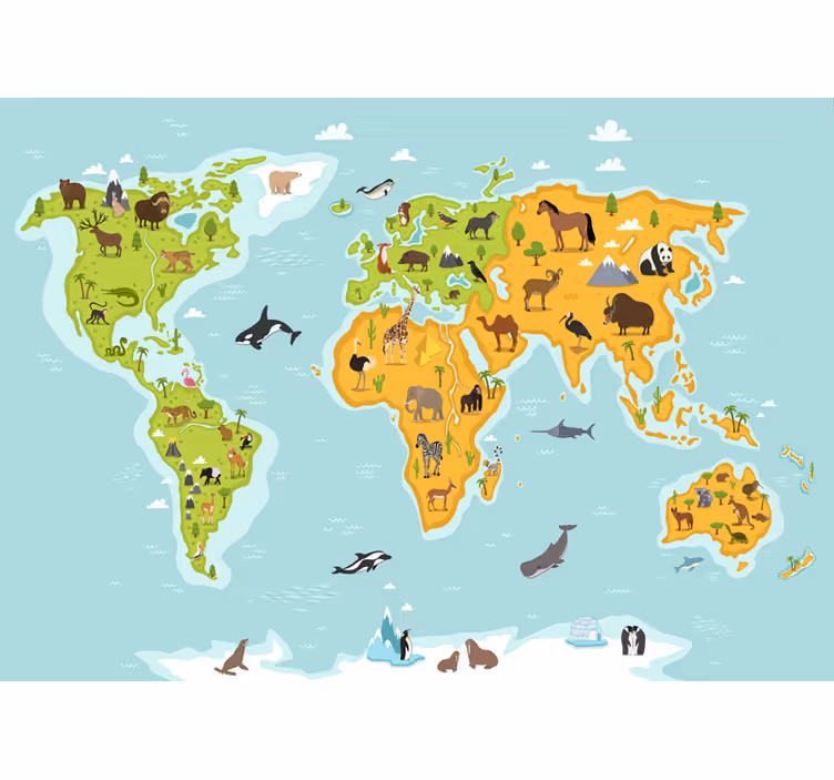 Mural de parede decorativo mapa do mundo animal - TenStickers