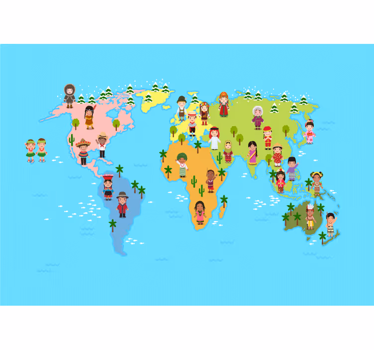 Mural de parede mapa mundial com personagens culturais - TenStickers