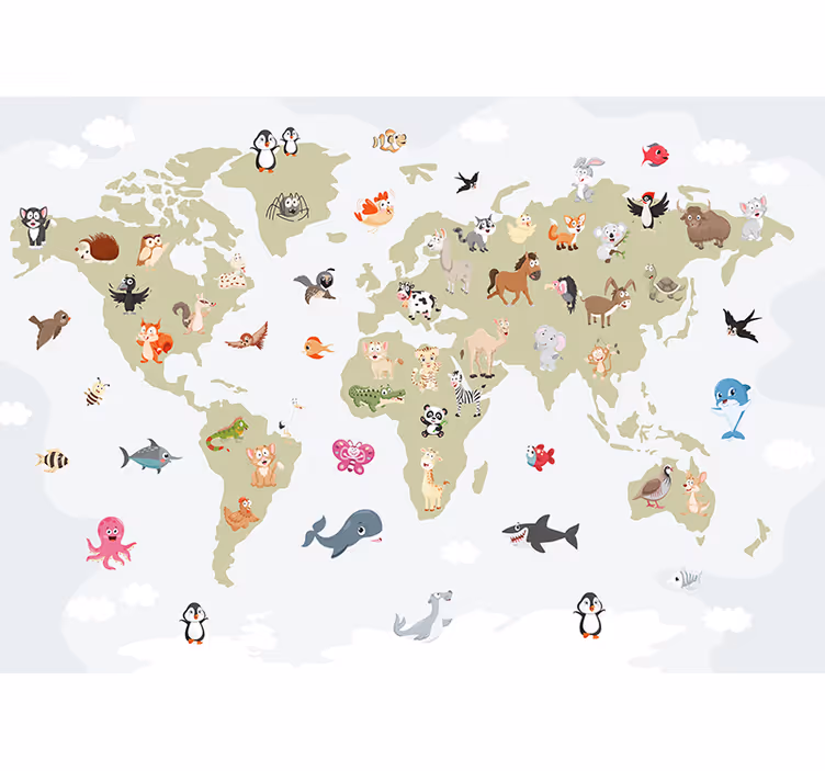 Explorador com fotomural de mapa mundial de animais - TenStickers