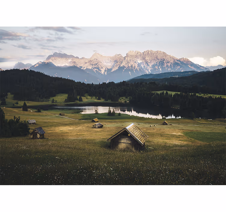 Fotomurais de paisagens Campo ensolarado com cabanas rústicas - TenStickers