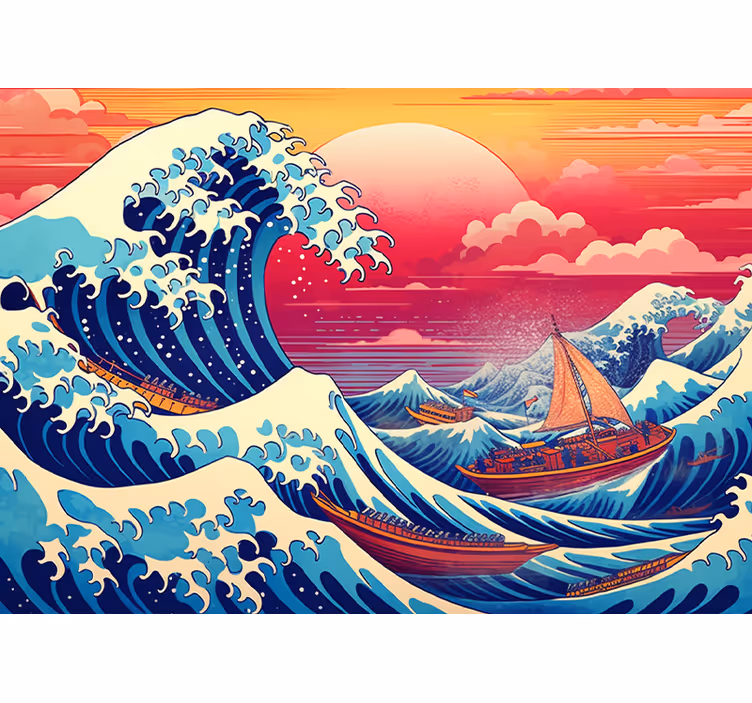 Mural de parede arte clássica cores saturadas de onda japonesa - TenStickers
