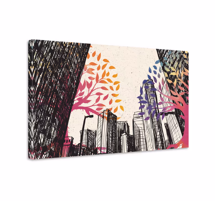 Quadro 3D árvores multiestações com arranha-céus - TenStickers