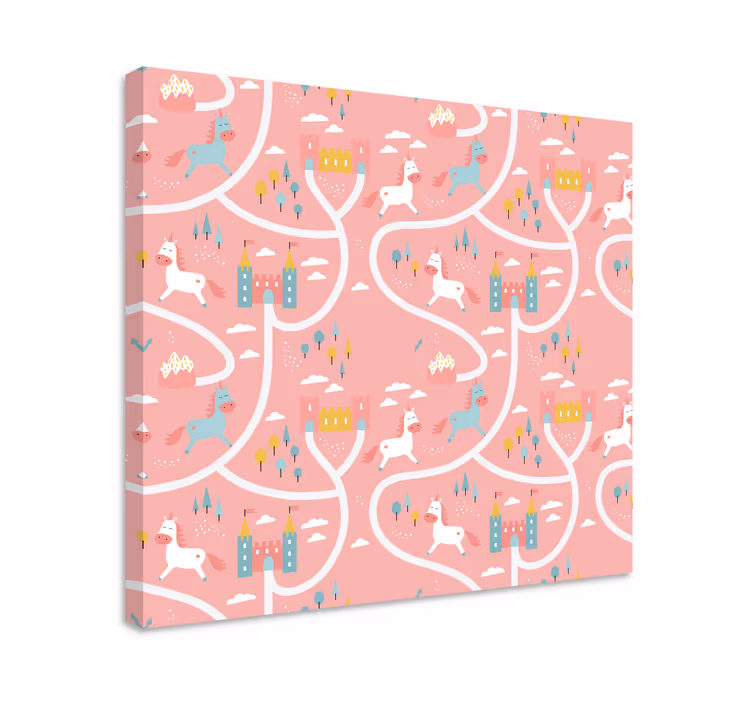 Quadro infantil Unicórnios e castelos rosa dos desenhos animados - TenStickers