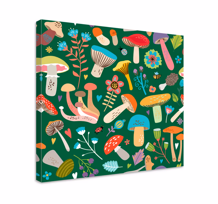 Quadro de plantas Cogumelos coloridos com fundo verde - TenStickers