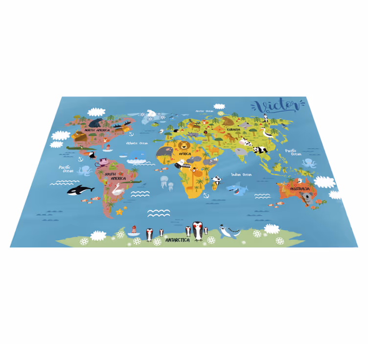Tapete de vinil para crianças mapa do mundo com animais - TenStickers