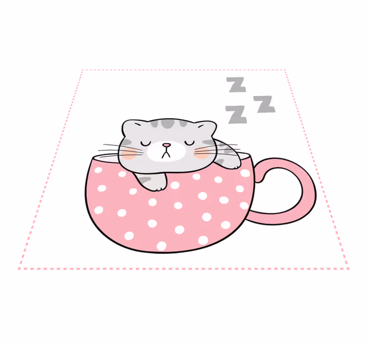 Gato fofo dormindo no tapete de desenho de xícara de café - TenStickers