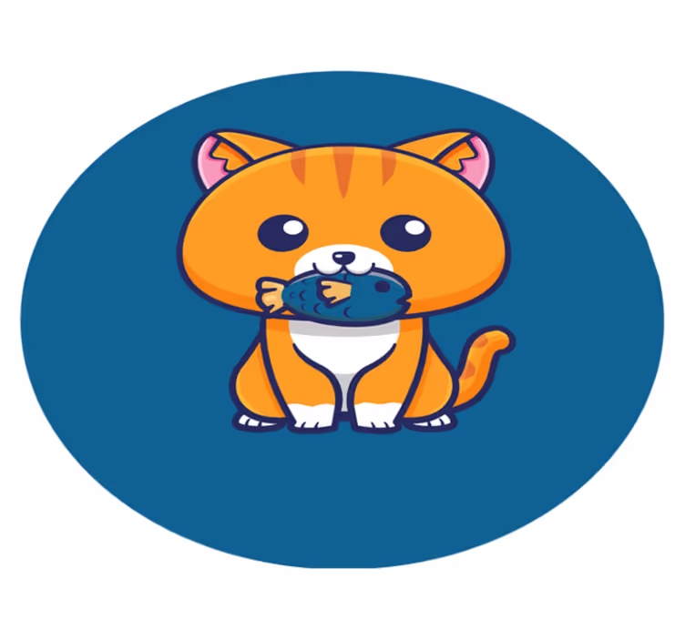 Gato fofo comendo peixe desenho animado tapete animal - TenStickers