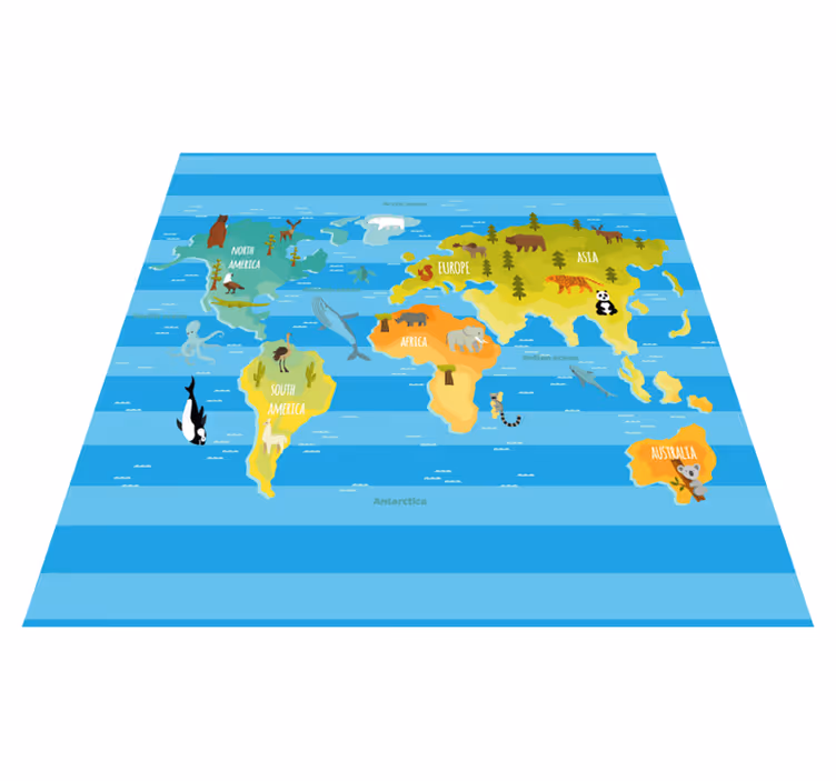 Animais típicos nos continentes mapa-múndi tapete - TenStickers