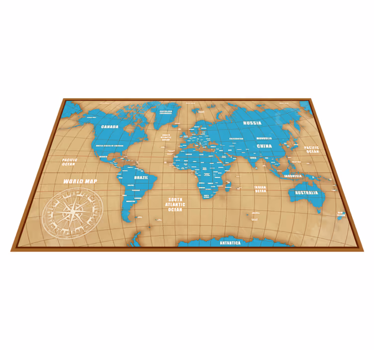 Terra azul em um tapete de mapa-múndi com moldura marrom - TenStickers