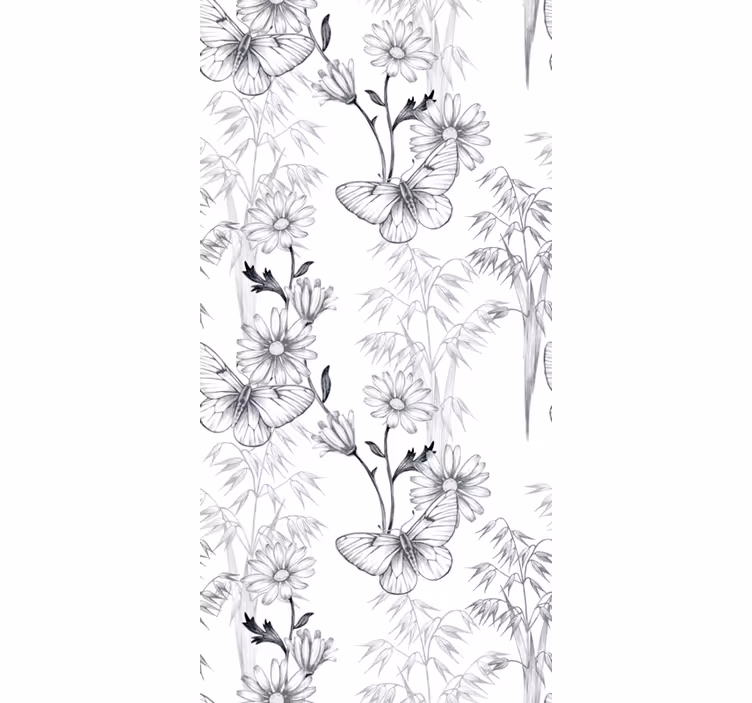 Papel de parede borboletas padrão flores pretas - TenStickers