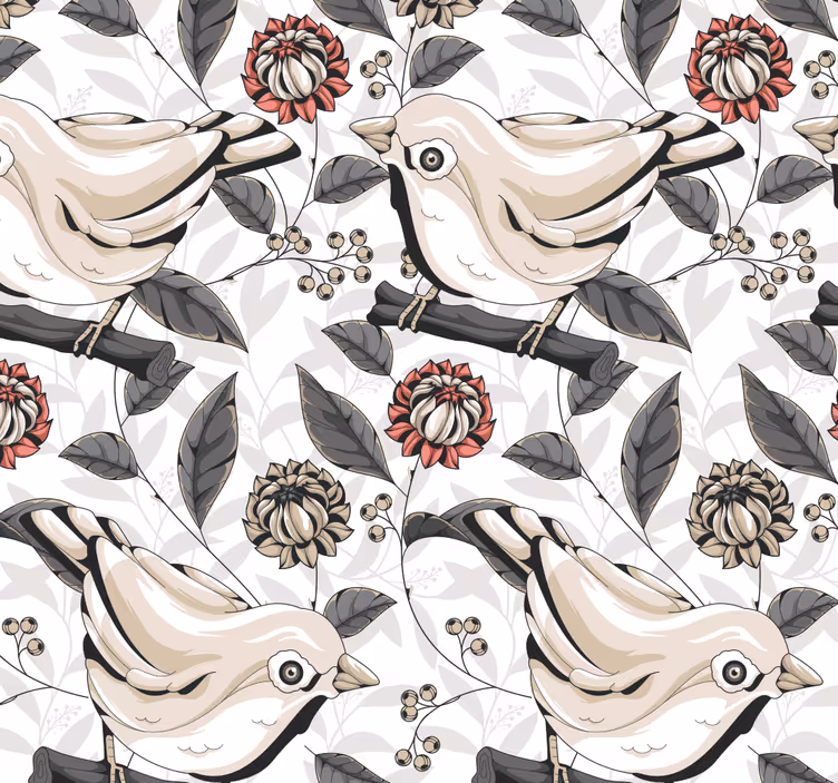 papel de parede floral Fundo claro com flores e pássaros - TenStickers