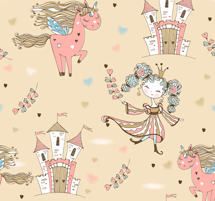 papel de parede infantil Castelo de unicórnio e princesa - TenStickers