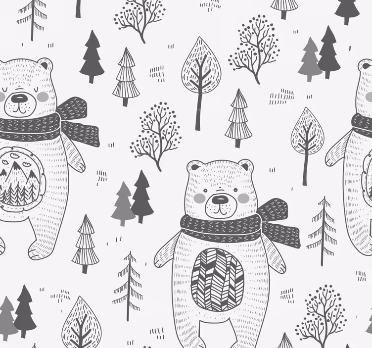 papel de parede moderno Urso fofo e floresta desenhada à mão - TenStickers