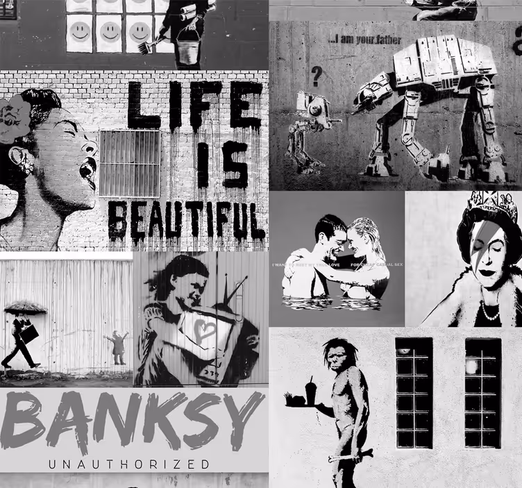 papel parede artistíco Bansky colagem cinzenta - TenStickers