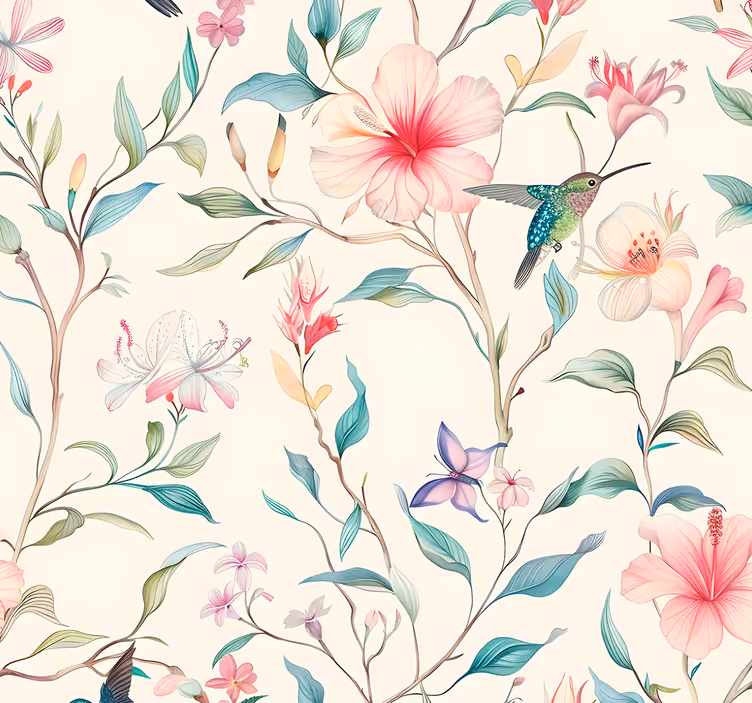 papel de parede floral padrão de flores e beija-flores - TenStickers