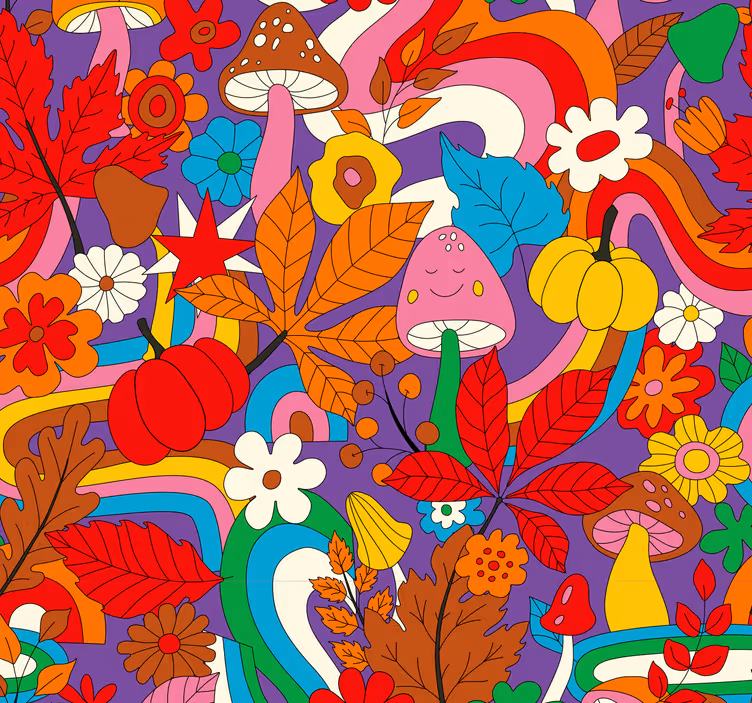 papel de parede floral padrão psicodélico colorido retrô - TenStickers