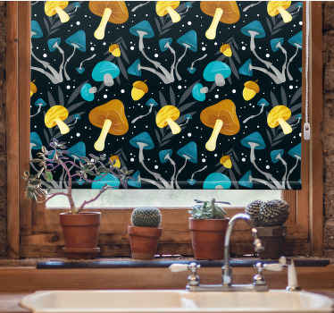 Cortina de cozinha com padrão de cogumelo azul e amarelo - TenStickers