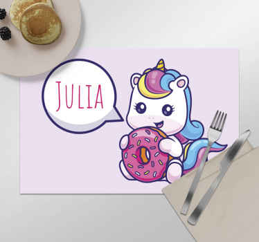 Individuais de mesa com nome unicórnio com donut - TenStickers