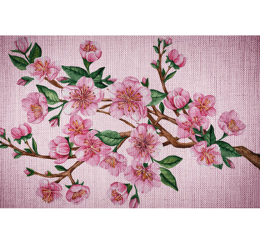 Impressão em tela de flor rosa que apresenta uma bela imagem de um galho de árvore coberto por flores e folhas rosa deslumbrantes.