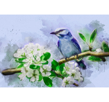 Impressão em tela de pássaro que apresenta uma imagem impressionante de um pássaro pintado em um galho de árvore cheio de flores brancas. Escolha o seu tamanho.