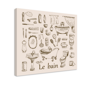Adorável arte em tela de casa de banhoque você pode pendurar bem na parede de um banheiro. Seu produtocontém várias ilustrações de itens de casa de banhoe toalete.