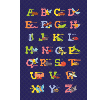 Impressões em canvas do alfabeto inglês bonito para crianças. Ilustra os nomes de diferentes insetos com suas letras e nome completo.