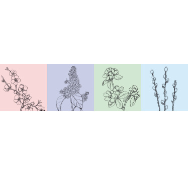 O produtobonito e sutil de uma impressão em tela de flores com quatro plantas de flores separadas em quatro partes contínuas com fundo pastel. Peça hoje!