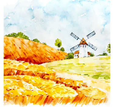 Dê ao seu espaço um toque de diferença com nossa tela de parede original. Esta tela ilustra uma paisagem aberta com um moinho de vento.