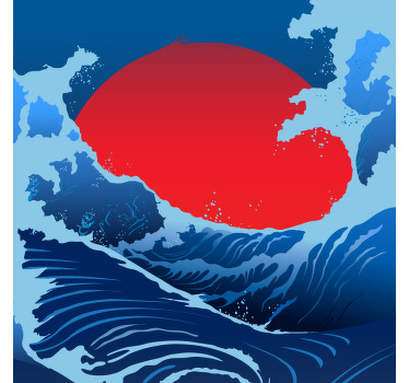 Impressão em tela de paisagem com a ilustração de um mar com grandes ondas e um grande sol no fundo representando um lindo nascer do sol.