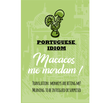 Português dizendo que a tradução surpreendeu a tela. Fundo verde claro com galo preto e legenda engraçada. Envio imediato!