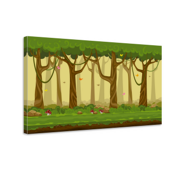 Tela de arte da parede da árvore dos desenhos animados da floresta. Floresta verde e amarela com árvores e frutos. Decore suas paredes. Envio imediato!