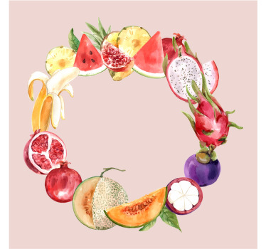 Pintura a óleo tela multi frutas. Fundo rosa com frutas em estilo pintado. Coroa decorativa. Obtenha com envio imediato!