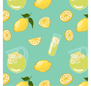 Copo com lona de limão e frutas. Fundo verde com padrão de metades de limão e vidros. Decore suas paredes. Obtê-lo agora!