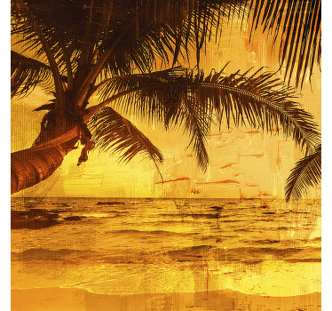 Arte da parede da lona da natureza palm beach para a sala de jantar. Pôr do sol amarelo com vista para a praia e palmeira. Decorar. Obtenha remessa imediata!