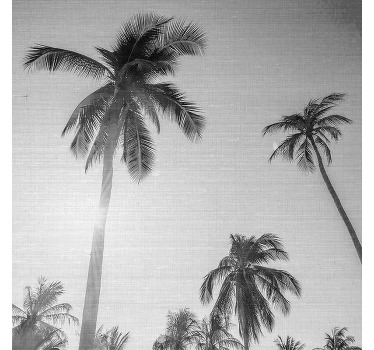 Sol cintilante com Vinil decorativode palm canvas para sala de jantar. Fundo em tons de cinza com palmeiras e raios de sol. Envio imediato!