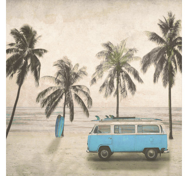Palm com estampas de parede de quarto de van surfer blue. Efeito de fundo vintage. Praia, van hippie e palmeiras. Obtenha remessa imediata!