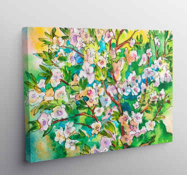 Impressão em tela da árvore que apresenta um buquê de flores pintadas em incríveis tons de laranja, roxo e azul. Inscreva-se com 10% de desconto.