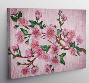 Impressão em tela de flor rosa que apresenta uma bela imagem de um galho de árvore coberto por flores e folhas rosa deslumbrantes.