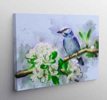 Impressão em tela de pássaro que apresenta uma imagem impressionante de um pássaro pintado em um galho de árvore cheio de flores brancas. Escolha o seu tamanho.