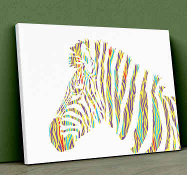 Esta impressão em tela de animal é um retrato colorido com cores vibrantes e delicadas de uma zebra em um estilo vintage único. Presenteá-lo para alguém especial!