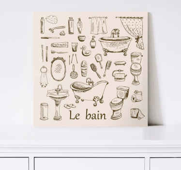 Adorável arte em tela de casa de banhoque você pode pendurar bem na parede de um banheiro. Seu produtocontém várias ilustrações de itens de casa de banhoe toalete.