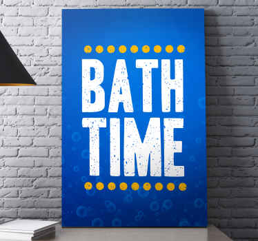 Bela arte em tela azul para o banheiro. O design é um texto que diz '' hora do banho '. Arte em tela de casa de banhoadequada para hotéis e banheiros domésticos.