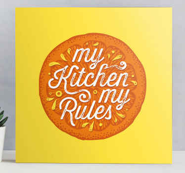 Desenho à mão laranja em tela de frutas de cozinha com o texto "minha cozinha minha regra" - tela perfeita para restaurante, jantar em casa, cozinha e bar.