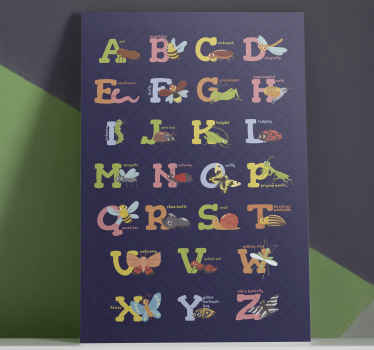 Impressões em canvas do alfabeto inglês bonito para crianças. Ilustra os nomes de diferentes insetos com suas letras e nome completo.