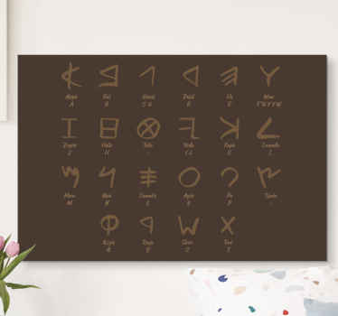 Esta incrível Vinil decorativoem tela para sala de estar retrata o alfabeto fenice em um fundo marrom. Adicione-o ao carrinho para comprá-lo online!