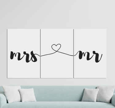 Letras de amor amorosas e elegantes de mr. E sra. Desenho de tela inscrito e estilizado ao longo de três telas. Feito de qualidade e duradouro.