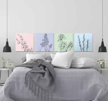 O produtobonito e sutil de uma impressão em tela de flores com quatro plantas de flores separadas em quatro partes contínuas com fundo pastel. Peça hoje!
