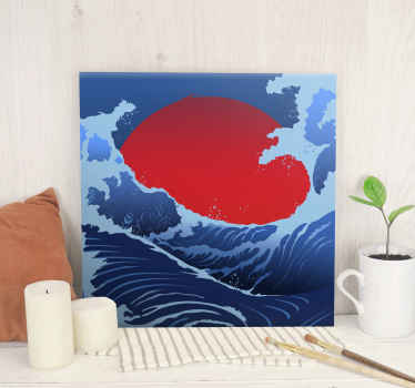 Impressão em tela de paisagem com a ilustração de um mar com grandes ondas e um grande sol no fundo representando um lindo nascer do sol.