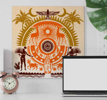 Impressão em tela com um desenho que representa a espiritualidade através do simbolismo e dos animais nas cores laranja e amarelo para encher sua casa de uma energia maravilhosa.